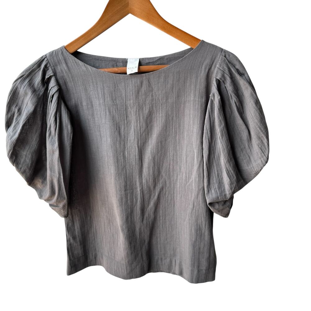 VILA Grey Puff Sleeve Top Boat Scoop Neckline Pleated Statement Sleeve Blouse S